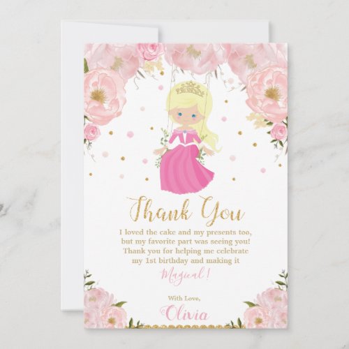 Blond Princess 1st First Birthday Pink Floral Thank You Card