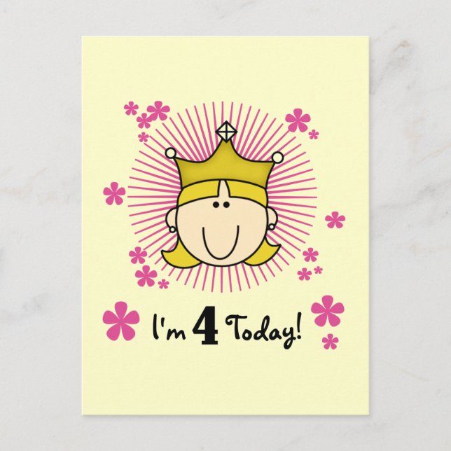 Blond Princess 4th Birthday Tshirts and Gifts Postcard (Front)