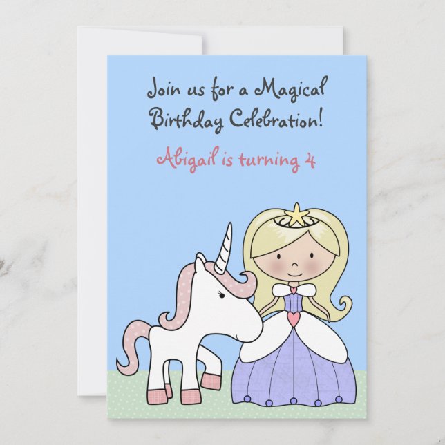 Blond Princess and Unicorn Birthday Invitation (Front)