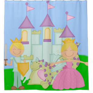 Blond Princess, Prince, Dragon, Castle Fairytale Shower Curtain