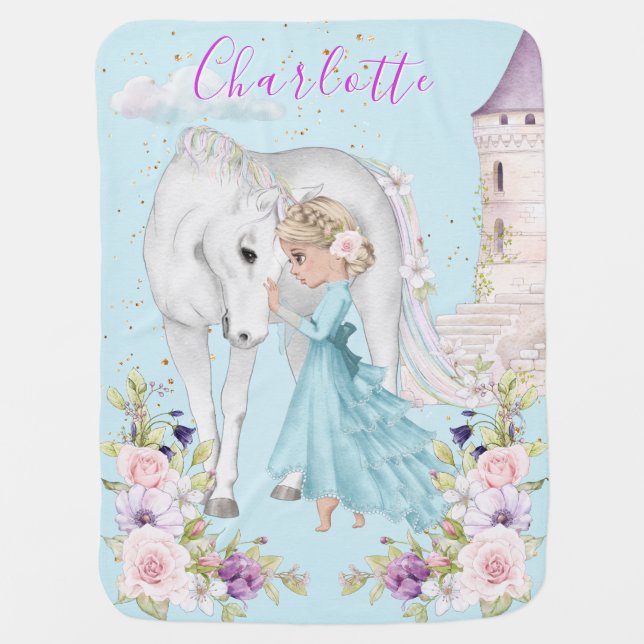 Blond Princess with Horse Personalized Girl  Baby Blanket (Front)