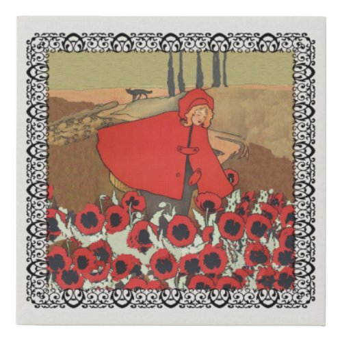Blond Red Riding Hood in Cape Picking Flowers Wolf Faux Canvas Print