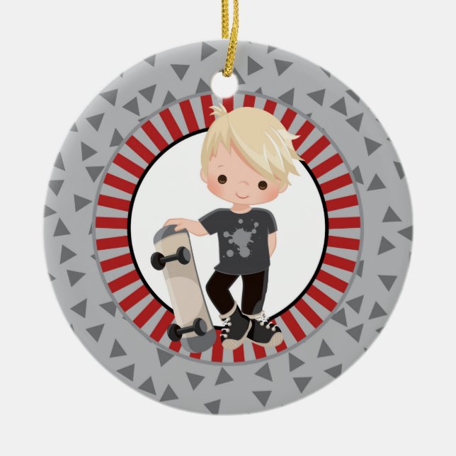 Blond Skateboard Boy - Gray Red Ceramic Ornament (Front)