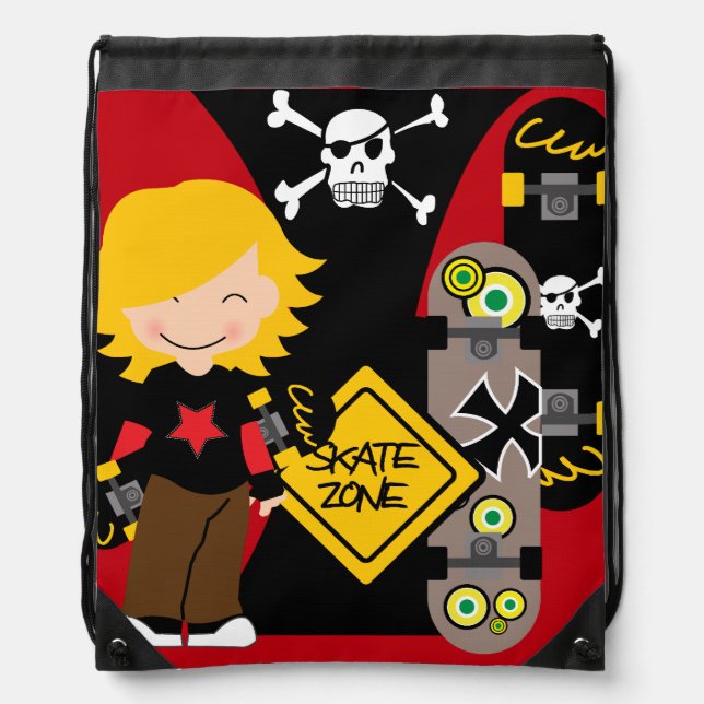 Blond Skateboarding Dude Drawstring Backpack Bag (Front)