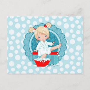 Blond Spa Girl Bubbles Turquoise Red White Postcard