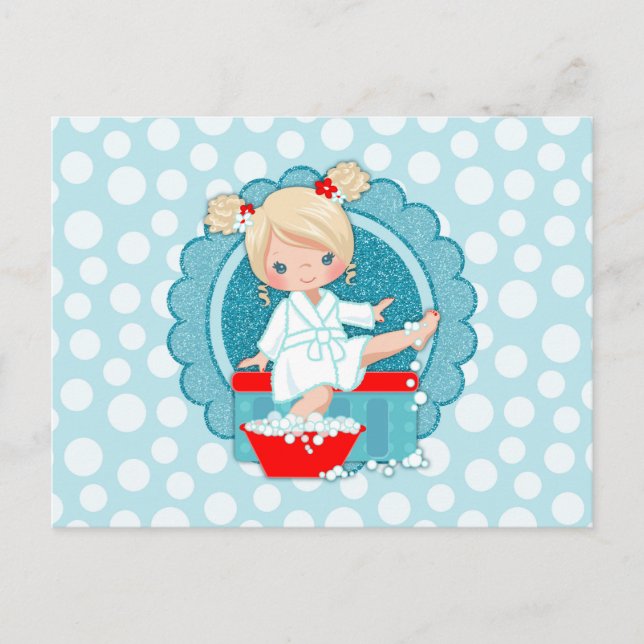 Blond Spa Girl Bubbles Turquoise Red White Postcard (Front)