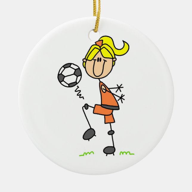 Blond Stick Figure Soccer Player Girl Gifts Ceramic Ornament (Front)