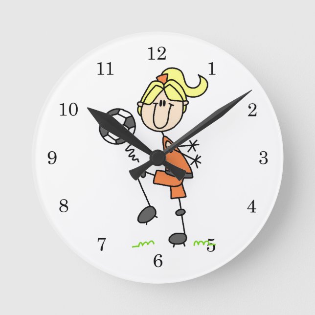 Blond Stick Figure Soccer Player Girl Gifts Round Clock (Front)