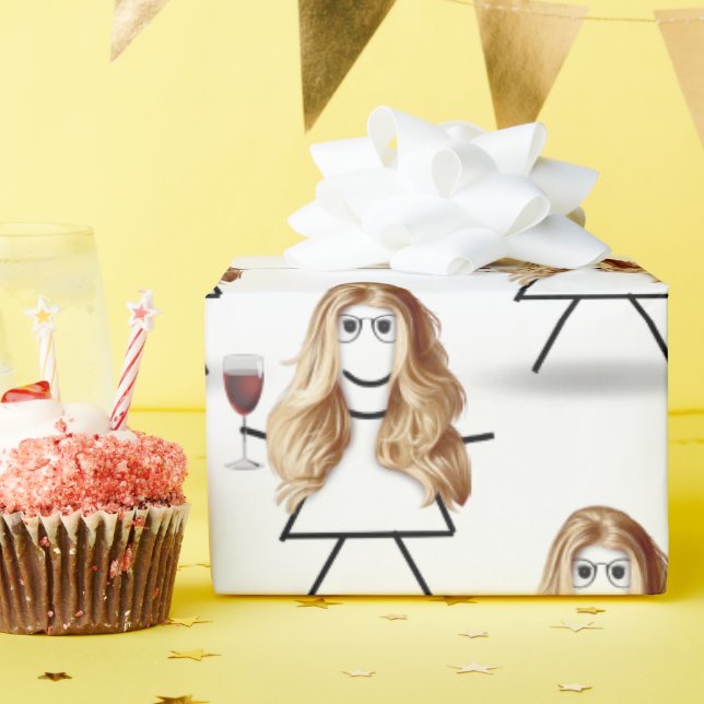 Blond Stick Girl with Red Wine  Wrapping Paper (Birthday Party)