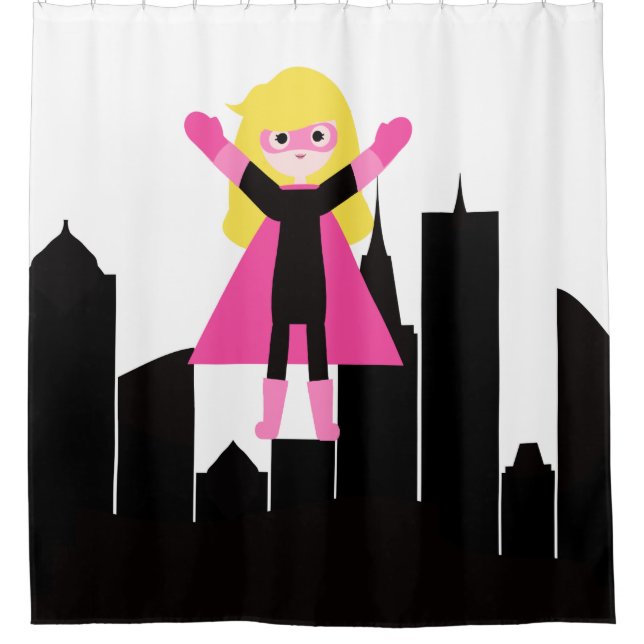 Blond Super Girl Hero City Skyscrapers Shower Curtain (Front)