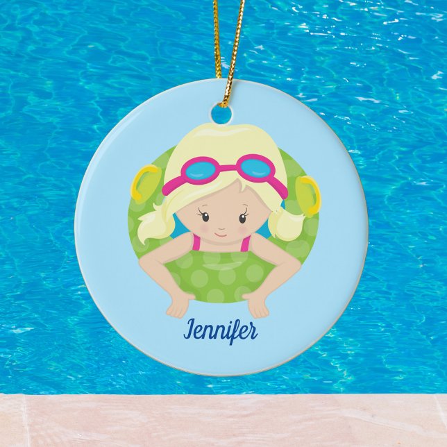 Blond Swim Girl Cute Drawing Custom Blue Pool Ceramic Ornament (Creator Uploaded)
