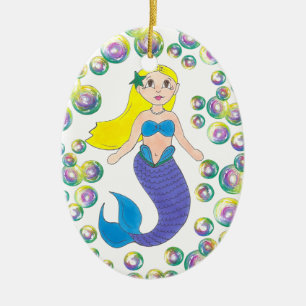 Blond Swimming Mermaid Girl Bubbles Ocean Sea Ceramic Ornament