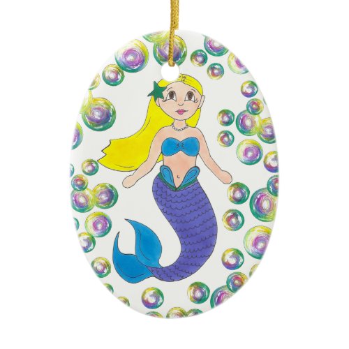 Blond Swimming Mermaid Girl Bubbles Ocean Sea Ceramic Ornament