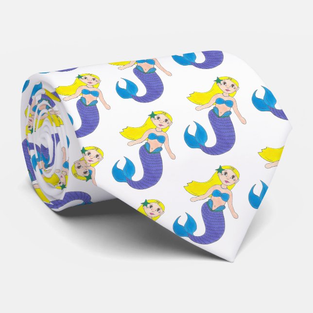 Blond Swimming Mermaid Girl Purple Tail Ocean Sea Neck Tie (Rolled)
