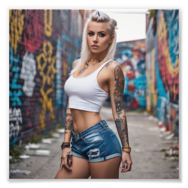Blond Tattoo Punk Girl in Graffiti Alley Photo Print (Front)