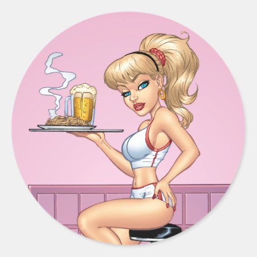 Blond Waitress Serving Plate Of Food and Beer Classic Round Sticker