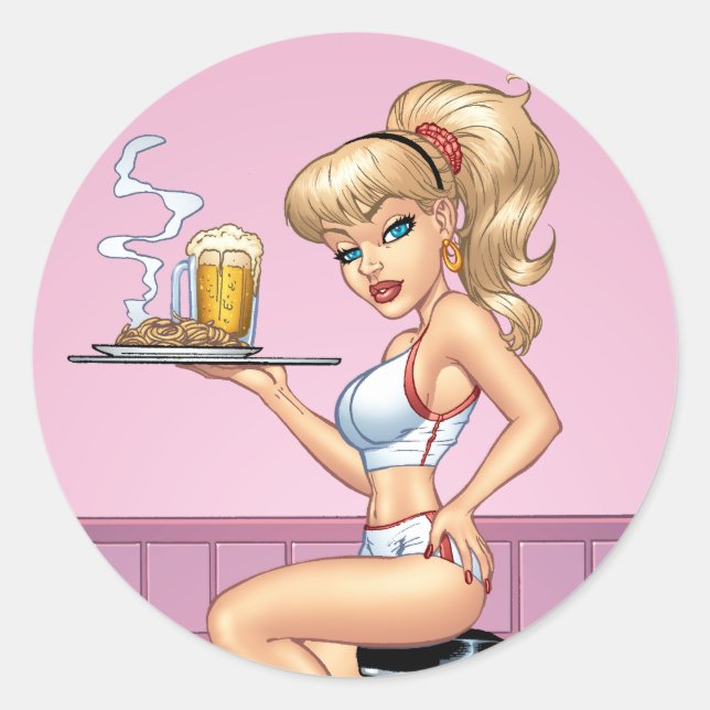 Blond Waitress Serving Plate Of Food and Beer Classic Round Sticker (Front)