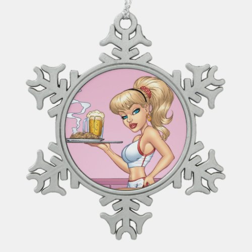 Blond Waitress Serving Plate Of Food and Beer Snowflake Pewter Christmas Ornament