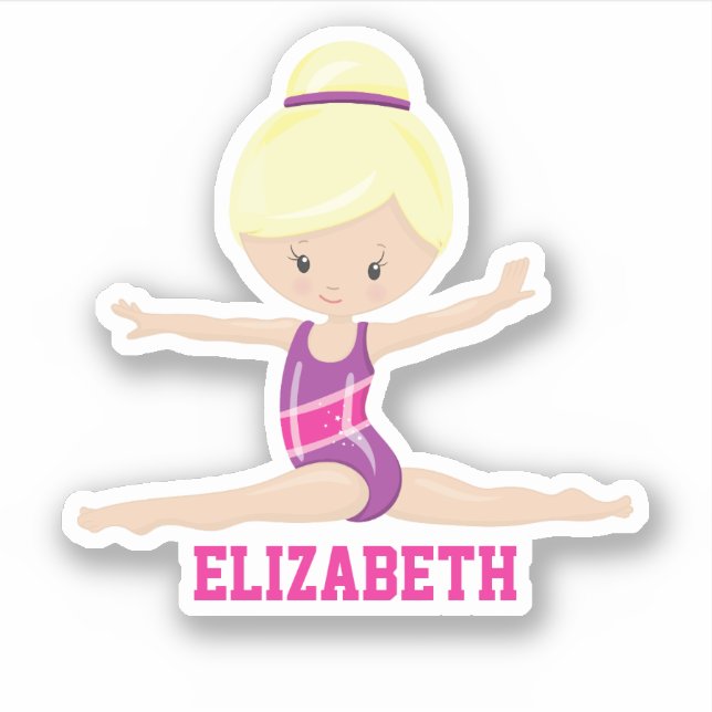 Blond white girl gymnastics pink leotard name sticker (Front)