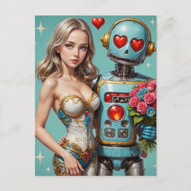 Blond Woman and a Robot Found Love Postcard (Front)