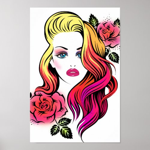 Blond woman blue eyes with roses and rainbow hair poster