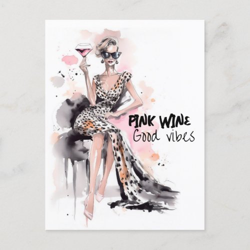 Blond woman in leopard dress with glass of wine postcard