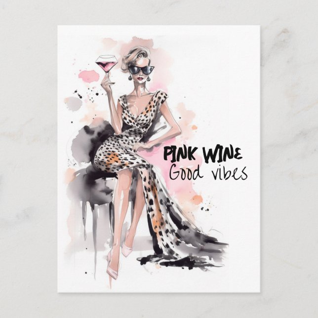 Blond woman in leopard dress with glass of wine postcard (Front)