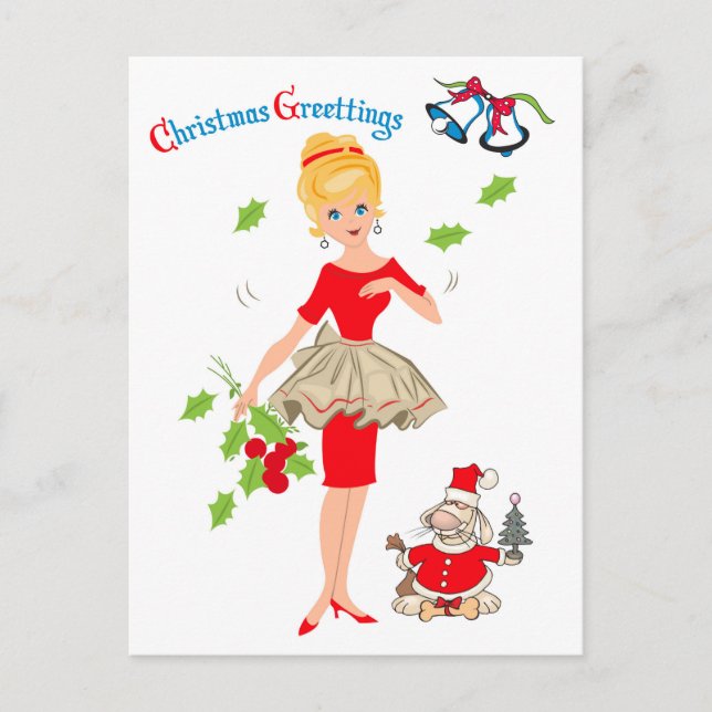 Blond Woman in Red Dress and Santa Dog, holiday Postcard (Front)