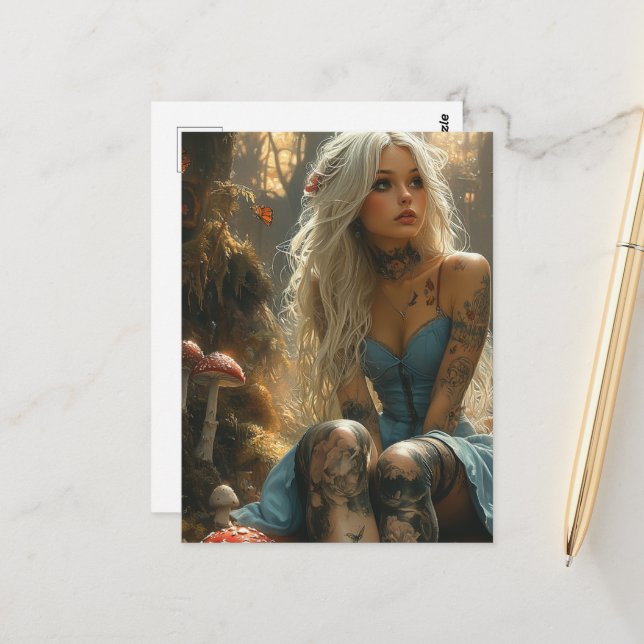 Blond Woman in the Mushroom Forest Postcard (Front/Back In Situ)