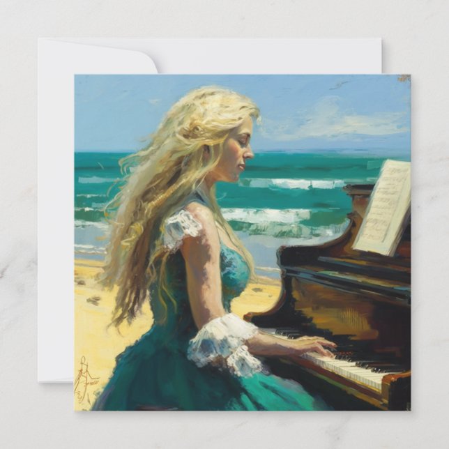 Blond woman playing piano at the beach thank you card (Front)