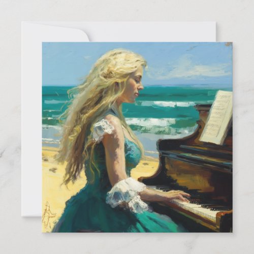 Blond woman playing piano at the beach thank you card