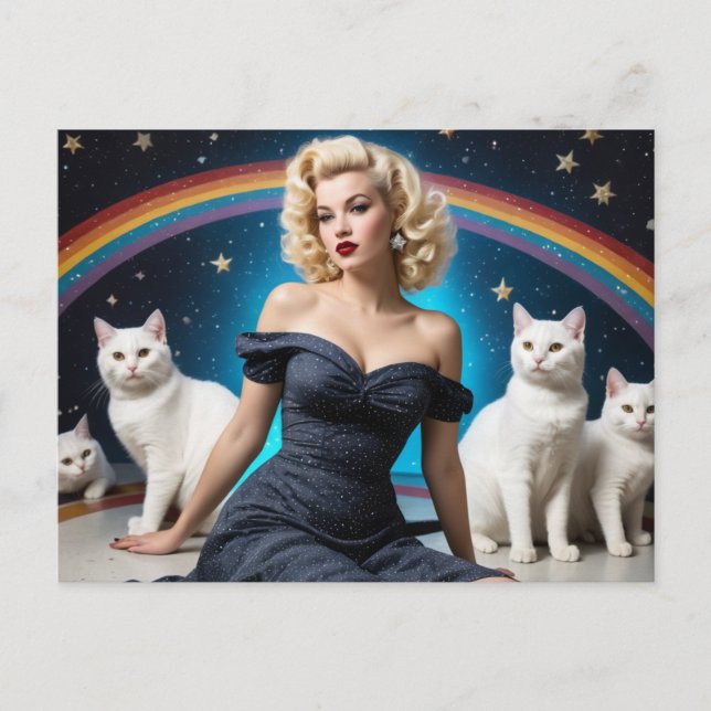 Blond Woman White Cats Rainbow Postcard (Front)