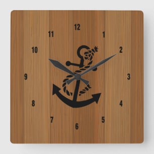 Blond Wood And Brown Nautical Anchor Square Wall Clock