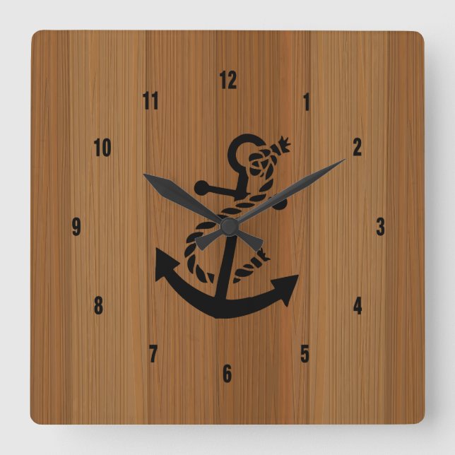 Blond Wood And Brown Nautical Anchor Square Wall Clock (Front)