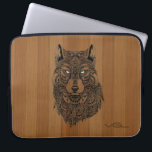 Blond Wood & Black Wolf Head Illustration Laptop Sleeve<br><div class="desc">Light brown faux wood planks pattern with wolf head illustration and customizable monogram.</div>
