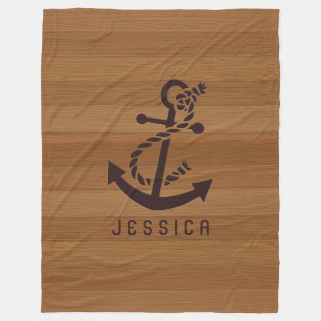 Blond Wood Planks Brown Nautical Anchor Fleece Blanket (Front)