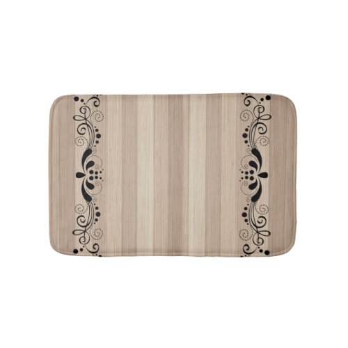 Blond Wood Stripes Black Swirls Accents Bath Mat