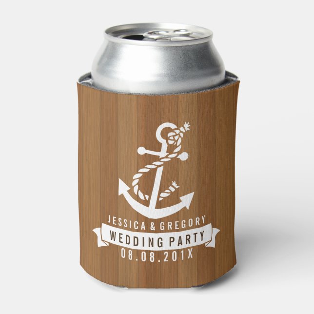 Blond Wood Stripes White Nautical Boat Anchor Can Cooler (Can Front)
