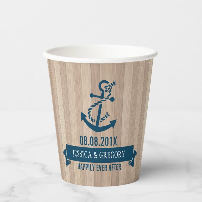 Blond Wood Texture Navy-Blue Nautical Boat Anchor Paper Cups (Front)
