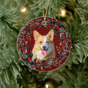 Blond Yellow Cute Corgi Christmas Xmas wreath red Ceramic Ornament