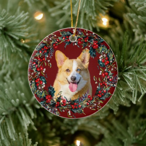 Blond Yellow Cute Corgi Christmas  Xmas wreath red Ceramic Ornament