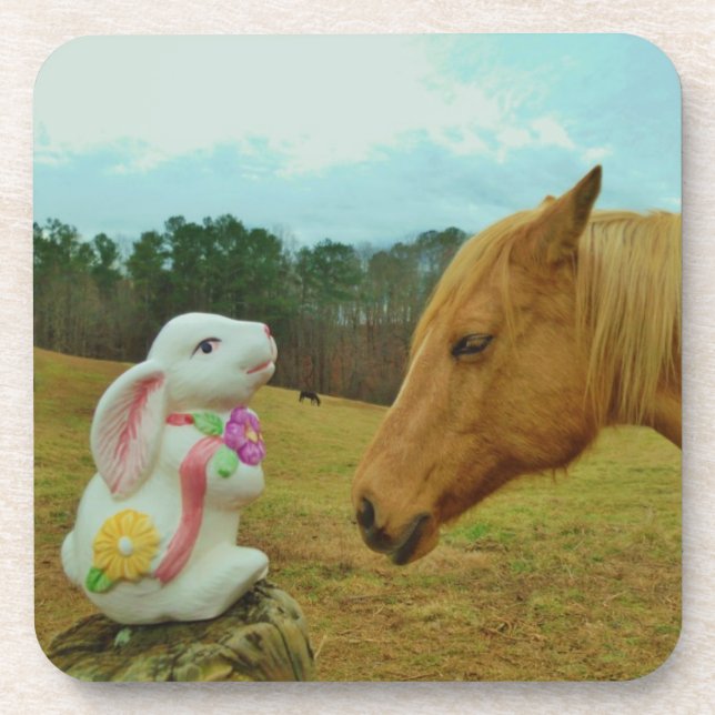 Blond Yellow horse & Easter Bunny Beverage Coaster (Front)