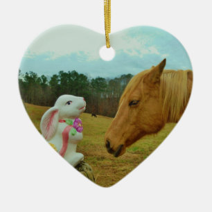 Blond Yellow horse & Easter Bunny Ceramic Ornament