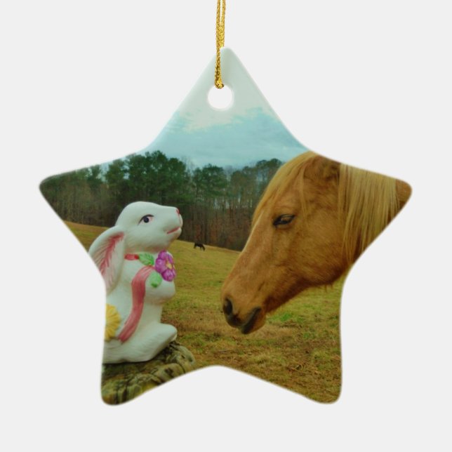 Blond Yellow horse & Easter Bunny Ceramic Ornament (Front)