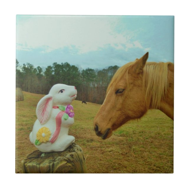 Blond Yellow horse & Easter Bunny Ceramic Tile (Front)