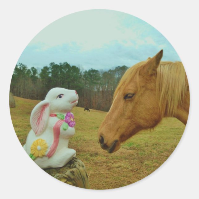 Blond Yellow horse & Easter Bunny Classic Round Sticker (Front)