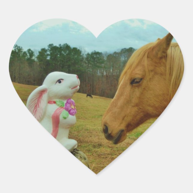 Blond Yellow horse & Easter Bunny Heart Sticker (Front)