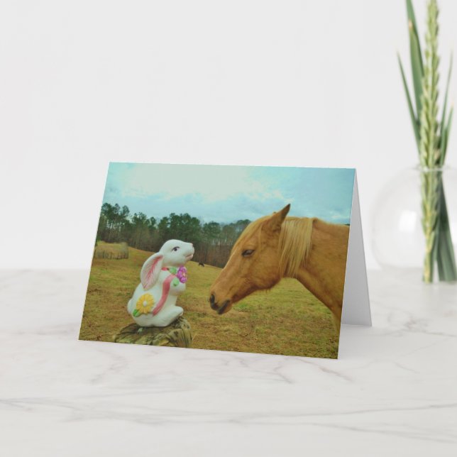 Blond Yellow horse & Easter Bunny Holiday Card (Front)