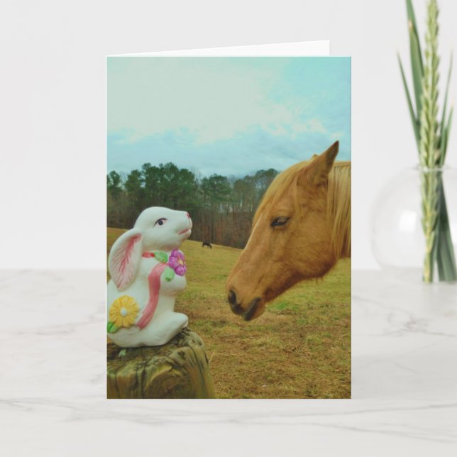 Blond Yellow horse & Easter Bunny Holiday Card (Front)