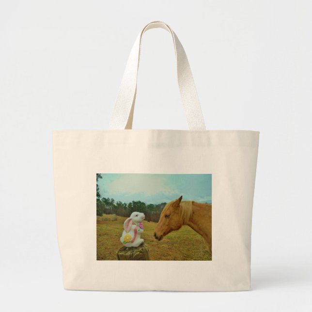 Blond Yellow horse & Easter Bunny Large Tote Bag (Front)